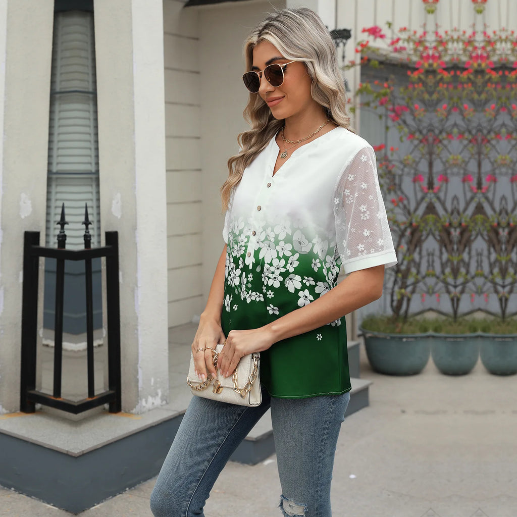 Summer Shirts Women Lace Patchwork Short Sleeve Blouse Flower Print Clothing Fashion Street Casual Daily V-Neck Button Tops 2025