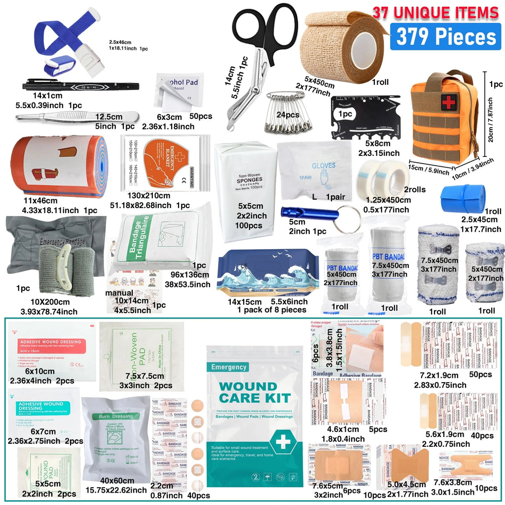 379pcs Home Office First Aid Kit Portable Emergency Bag, Red Survival Carry-On for Outdoor Activities, Camping, Hunting, Hiking