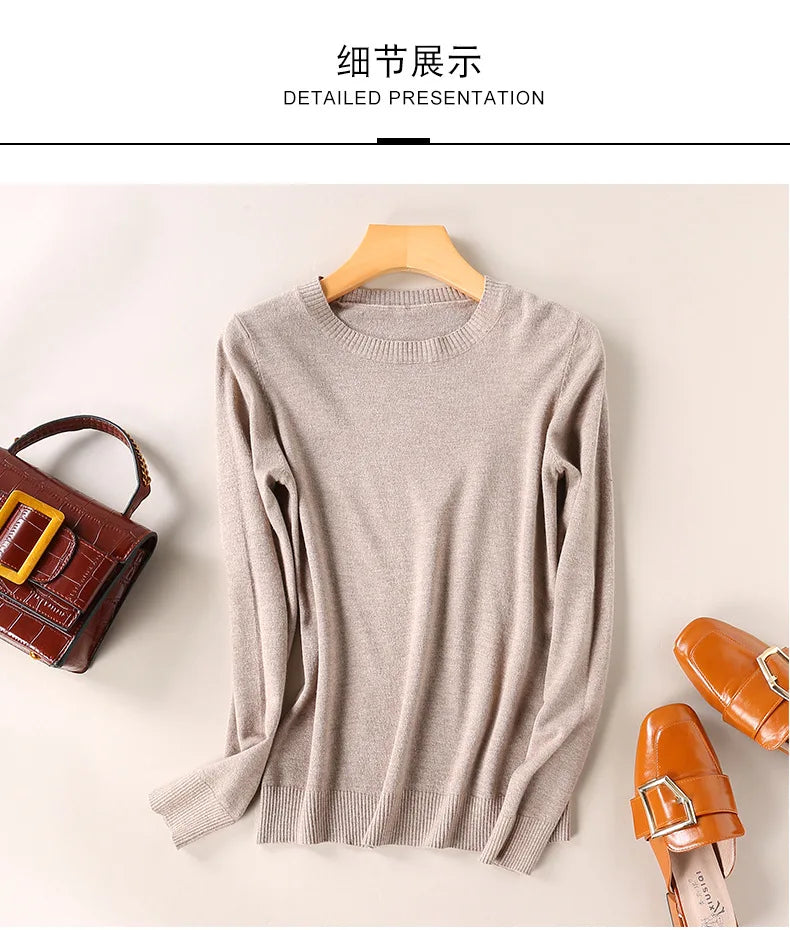Women Slim O-Neck Pullover Cashmere Wool Blending Sweater Autumn And Winter Long-Sleeved Knit Bottoming Shirt Large Size 2024