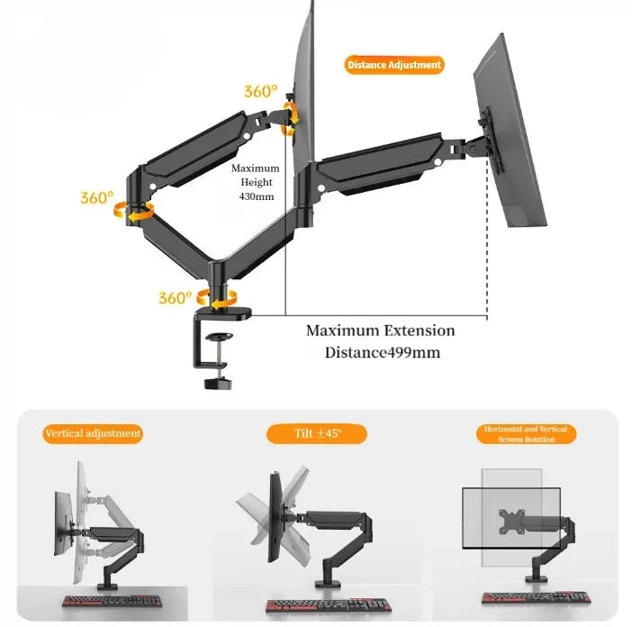 Flexible dual screen support, 13–32 inch monitors available, 180° swivel and tilt function for better viewing experience