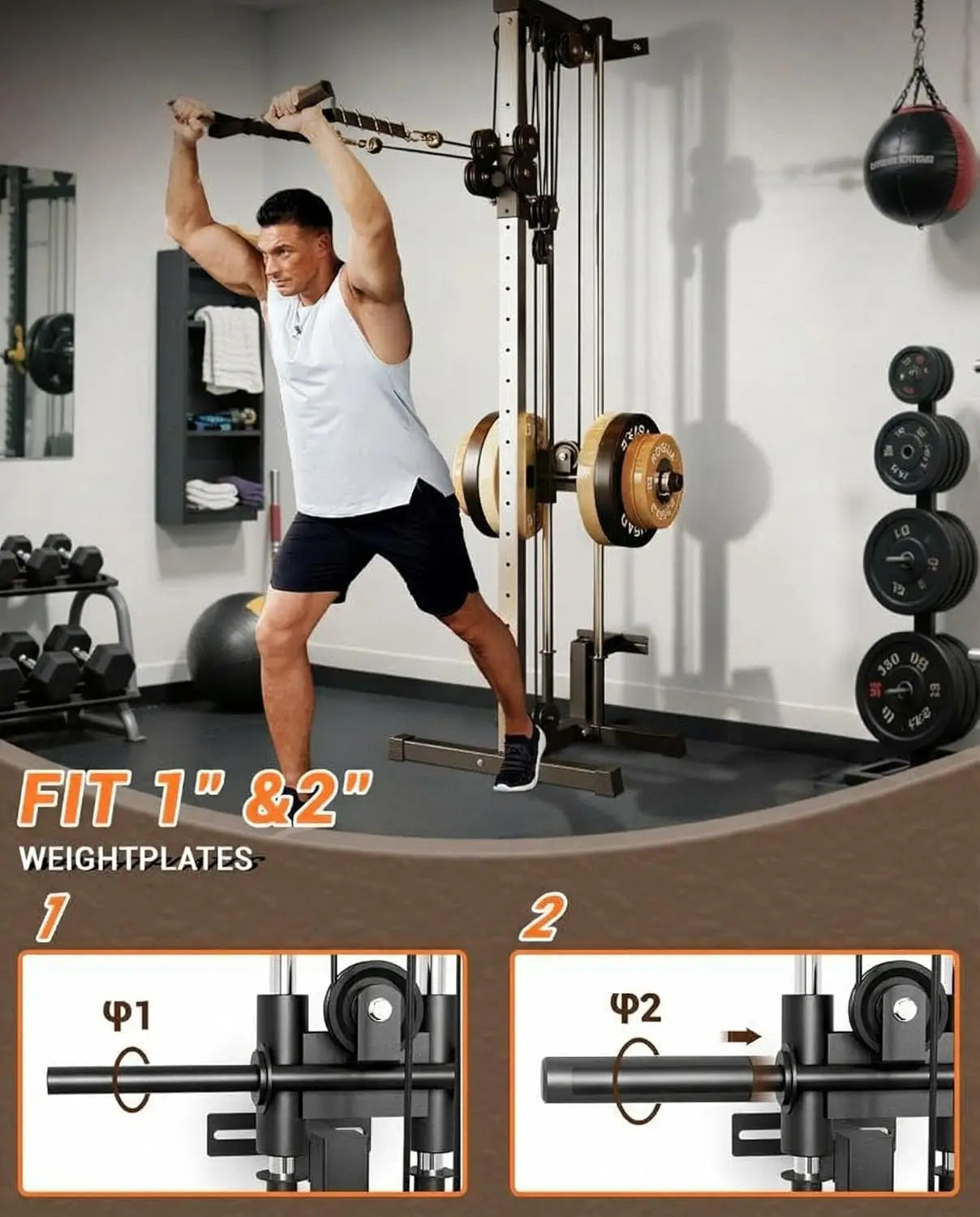 Wall Mount Cable Station Dual Pulley Cable Crossover Machine LAT Pulldown Bar & Foot Board for Home Gym Strength Training