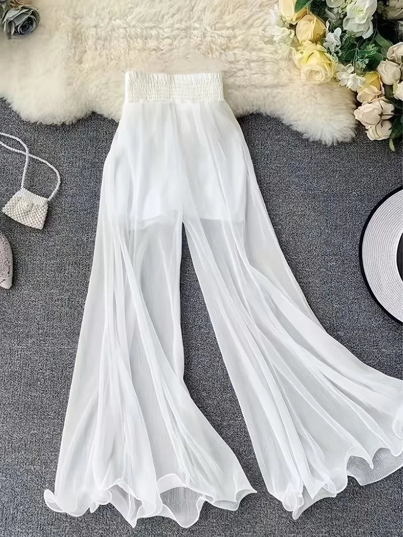 Summer solid color chiffon wide leg pants for women, high waisted, elastic waistband, flowing and slimming, casual pants Main image