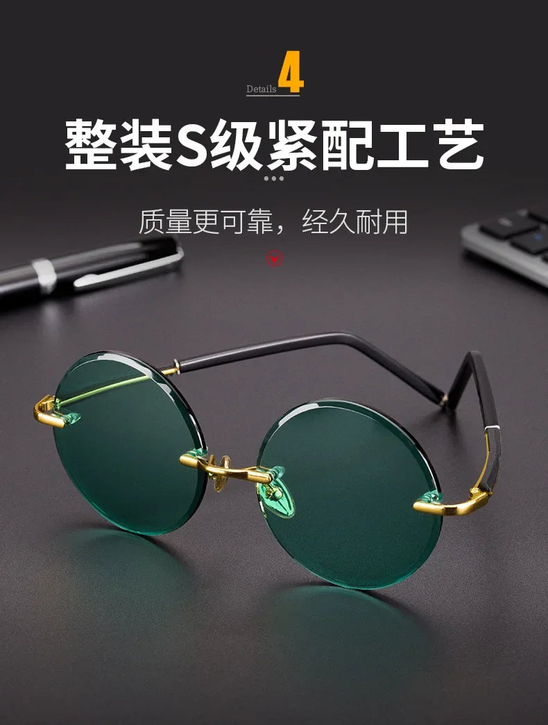 Fashion Classic Rimless Sunglasses Women Men Crystal Dark Green Lens Sun Glasses Retro Round Glasses Outdoor Driving Eyeglasses