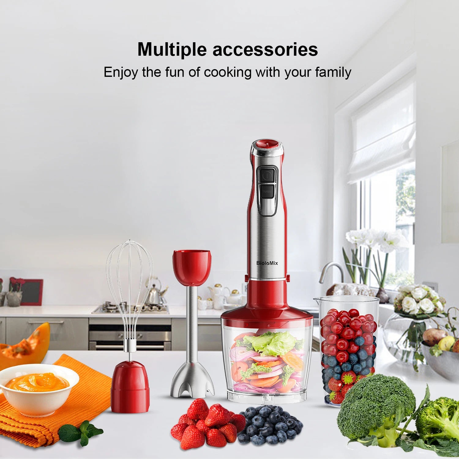 BioloMix 4-in-1 Hand Stick Blender, 1200W Stainless Steel - Immersion Mixer with Chopper Smoothie Cup Ice Blades for Baby Food