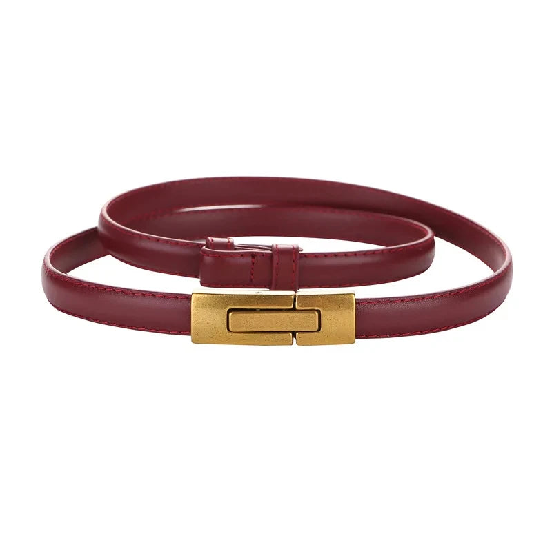 Adjustable Women’s Skinny Thin Belt, Classic Solid Color Genuine Leather Waistband for Trendy Coats and Dresses