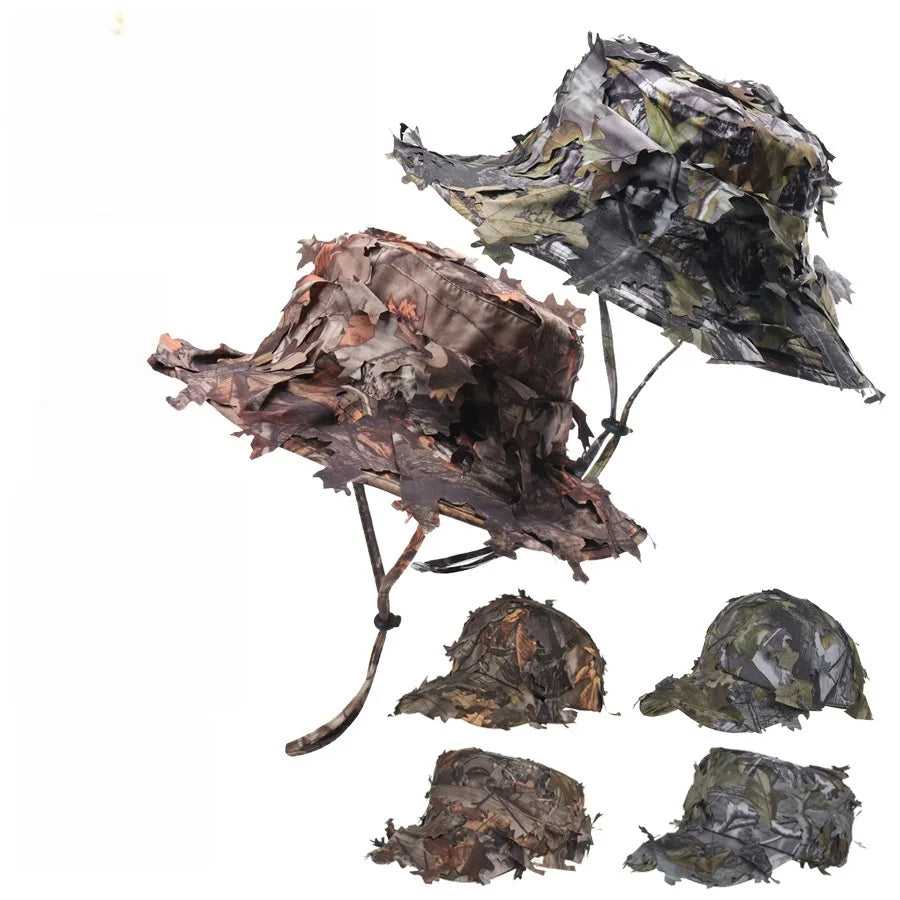 Men's Camouflage Boonie Hats 3D Leaves Camo Tactical Cap Ghillie Caps Hunter Sniper Hats Fishing Sunshade Hunting Accessories Main image