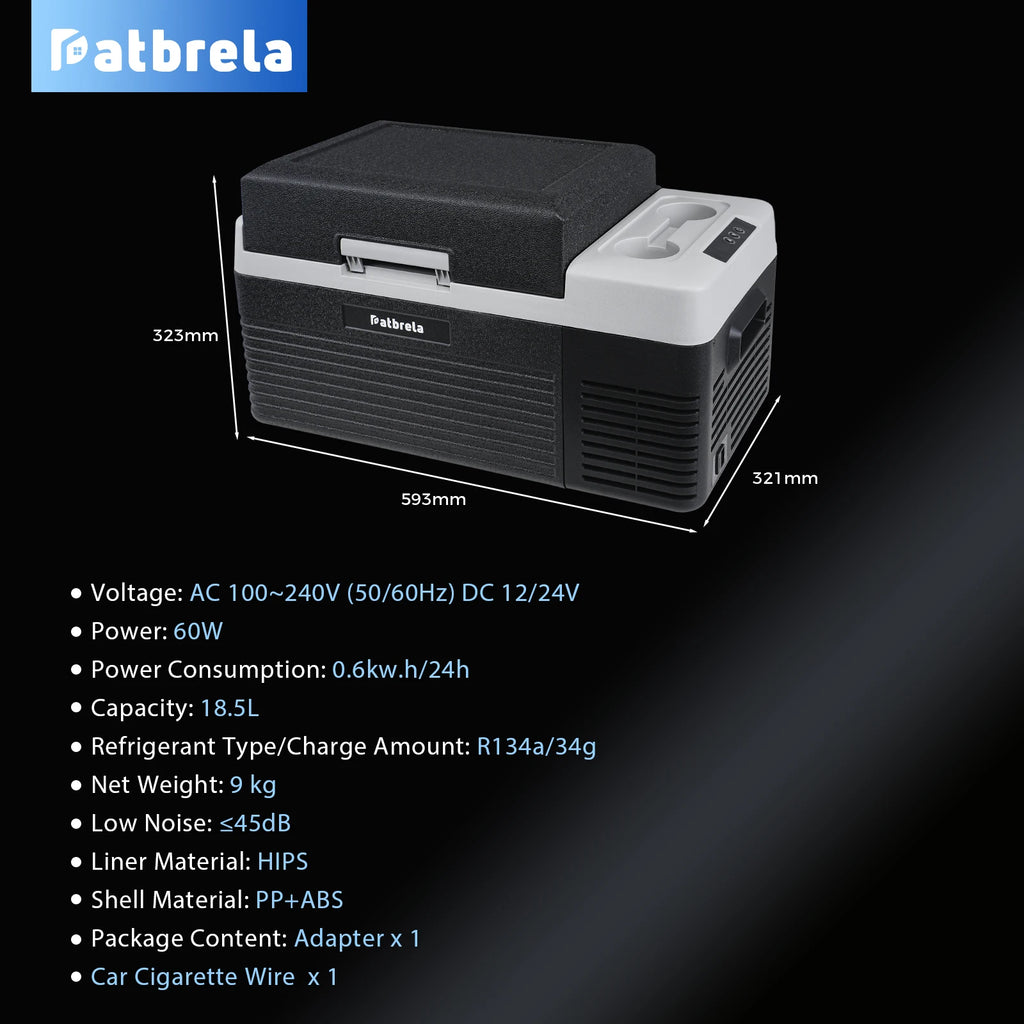 Patbrela 20L Car Refrigerator 12V Compressor Fridge 12/24V DC 100-240V AC Portable Compressor Cooler Box for Camping Travel with APP Camping Fridge