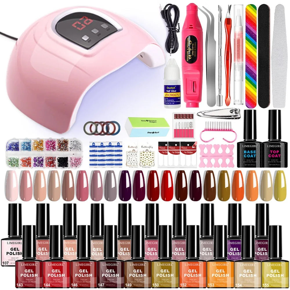 20-Color Nail Art Kit with LED Light Nail File Polishing Machine Glitter Diamond Tools Set for Professional And Home Use