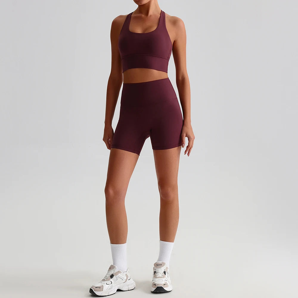 Buttery Soft Nylon Yoga Set Crisscross Back Sports Bra High Waist Biker Shorts 2 Piece Gym Set Workout Outfit Women Activewear