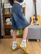 Spicy Girl Retro American Five-Point Denim Shorts Women Summer New Loose Design Slim Straight Leg Wide Leg Medium Pants