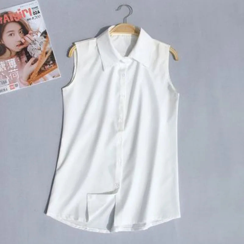 #2503 Woman Tops And Blouses Sleeveless Shirt Women Summer Thin Vest Pullover Button Basic Top Chiffon Red White Black Polo Neck Main image