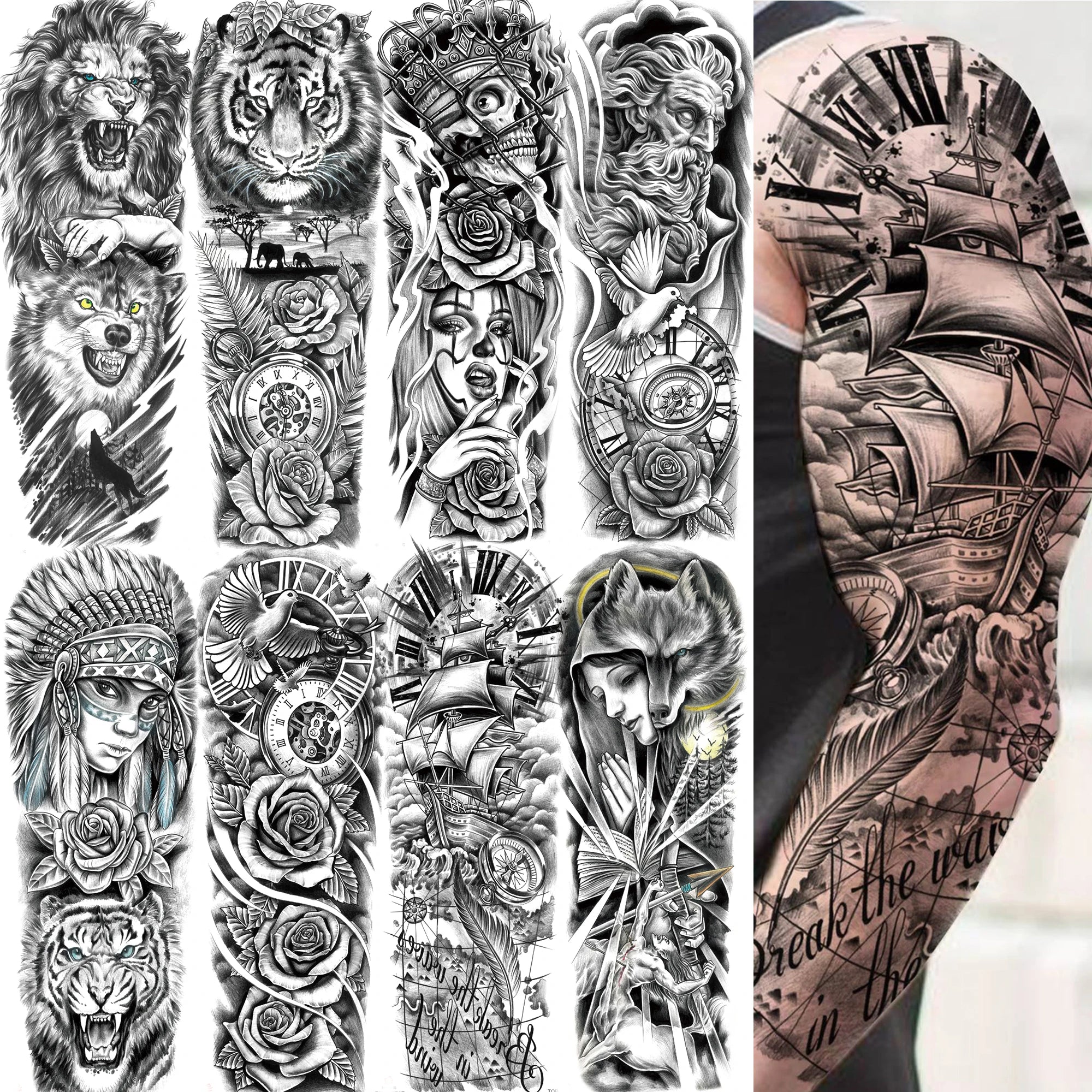 1 Sheet Full Arm Compass Zeus Skull Tiger Lion Flower Temporary Tattoos Sleeve For Men Women Adults Fake Temp Sticker Tattoo