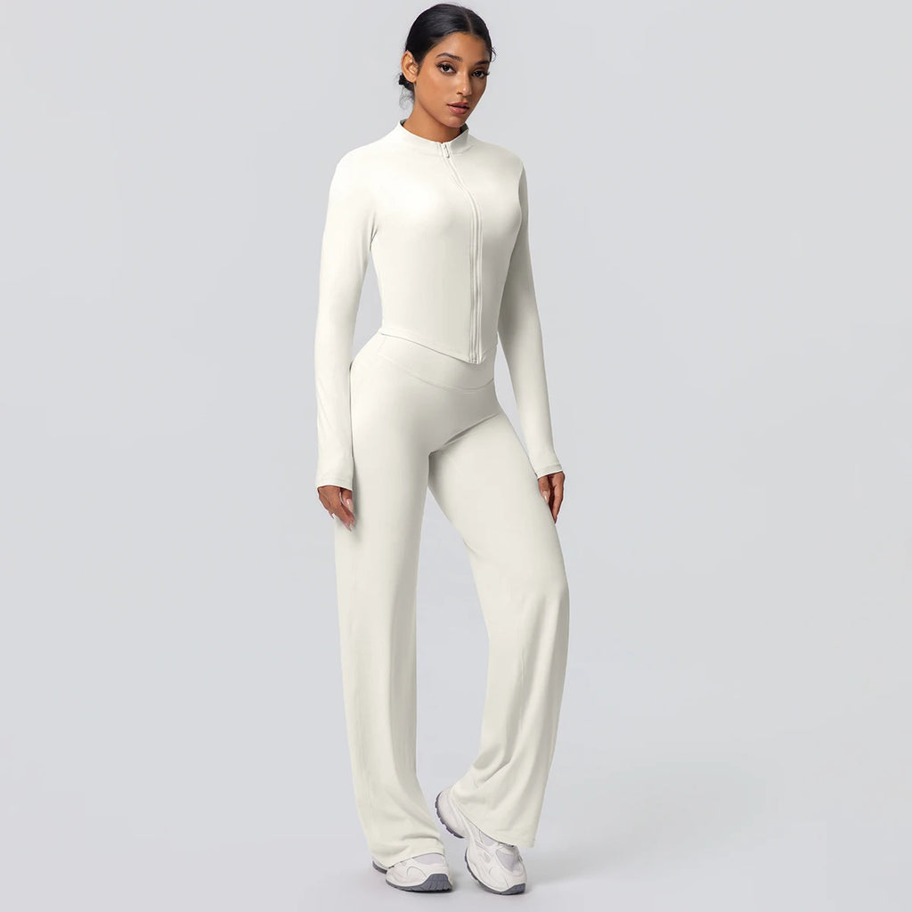 2pieces Quick Drying Sports Fitness Clothing Yoga Set Women Yoga Zipper Long Dleeves High Waisted Breathable Wide Leg Pants Set