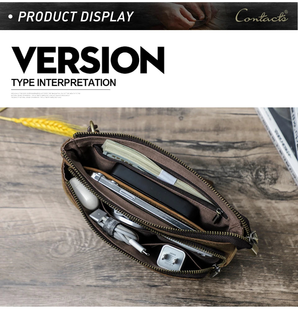 CONTACT'S Genuine Leather Men Clutch Bag Design Handbag Long Wallet Male Purse Travel Charge Storage Bag Cable Organizer