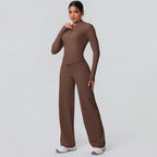 2pieces Quick Drying Sports Fitness Clothing Yoga Set Women Yoga Zipper Long Dleeves High Waisted Breathable Wide Leg Pants Set