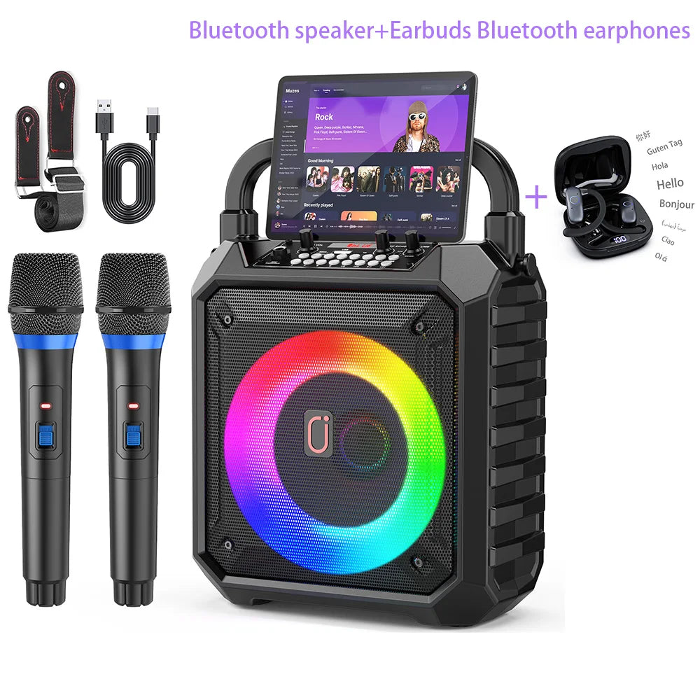 T17-T Karaoke Machine And Bluetooth earphones,Portable Speaker with LED Lights for Kids and Adults,Supports Bluetooth/USB/TF/AUX