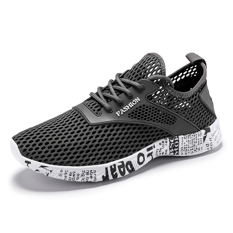 Summer Mens Black Hollow Mesh Sneakers Fashion Breathable Lightweight Casual Walking Shoes Printed Sole Outdoor Sports Footwear