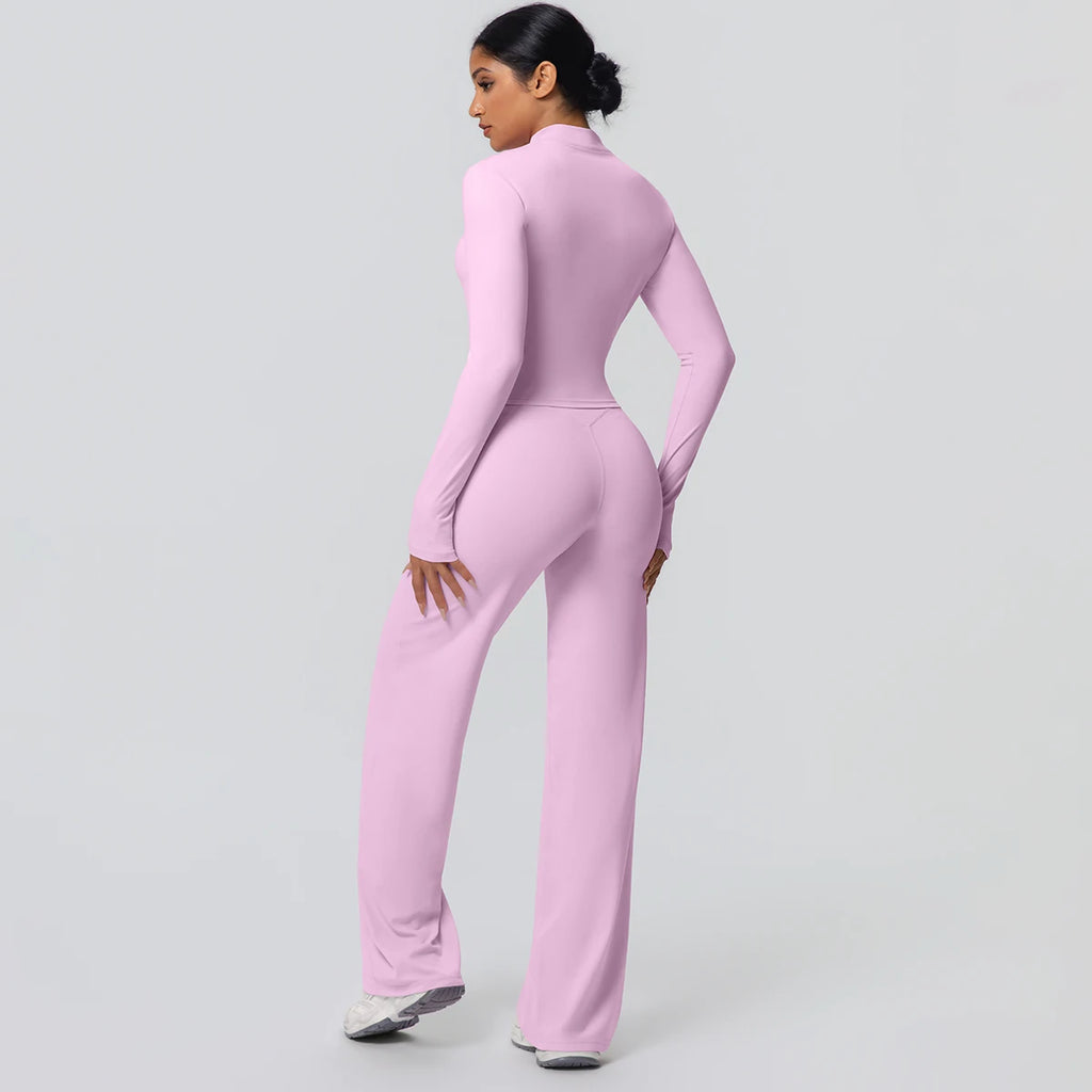 2pieces Quick Drying Sports Fitness Clothing Yoga Set Women Yoga Zipper Long Dleeves High Waisted Breathable Wide Leg Pants Set