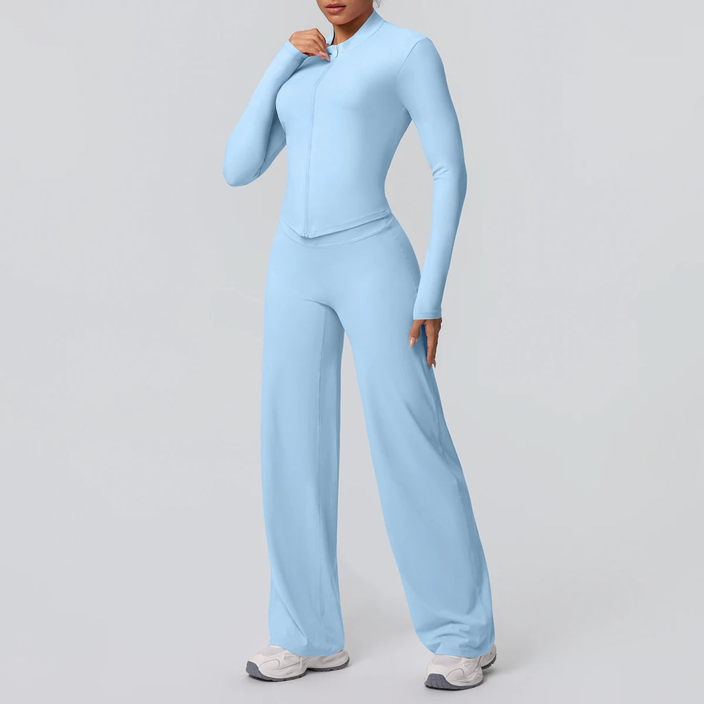 2pieces Quick Drying Sports Fitness Clothing Yoga Set Women Yoga Zipper Long Dleeves High Waisted Breathable Wide Leg Pants Set