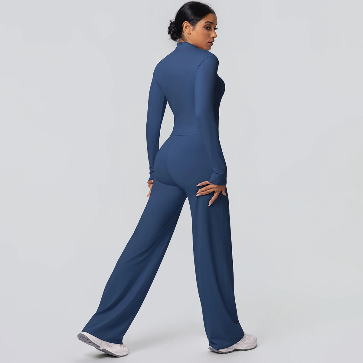 2pieces Quick Drying Sports Fitness Clothing Yoga Set Women Yoga Zipper Long Dleeves High Waisted Breathable Wide Leg Pants Set