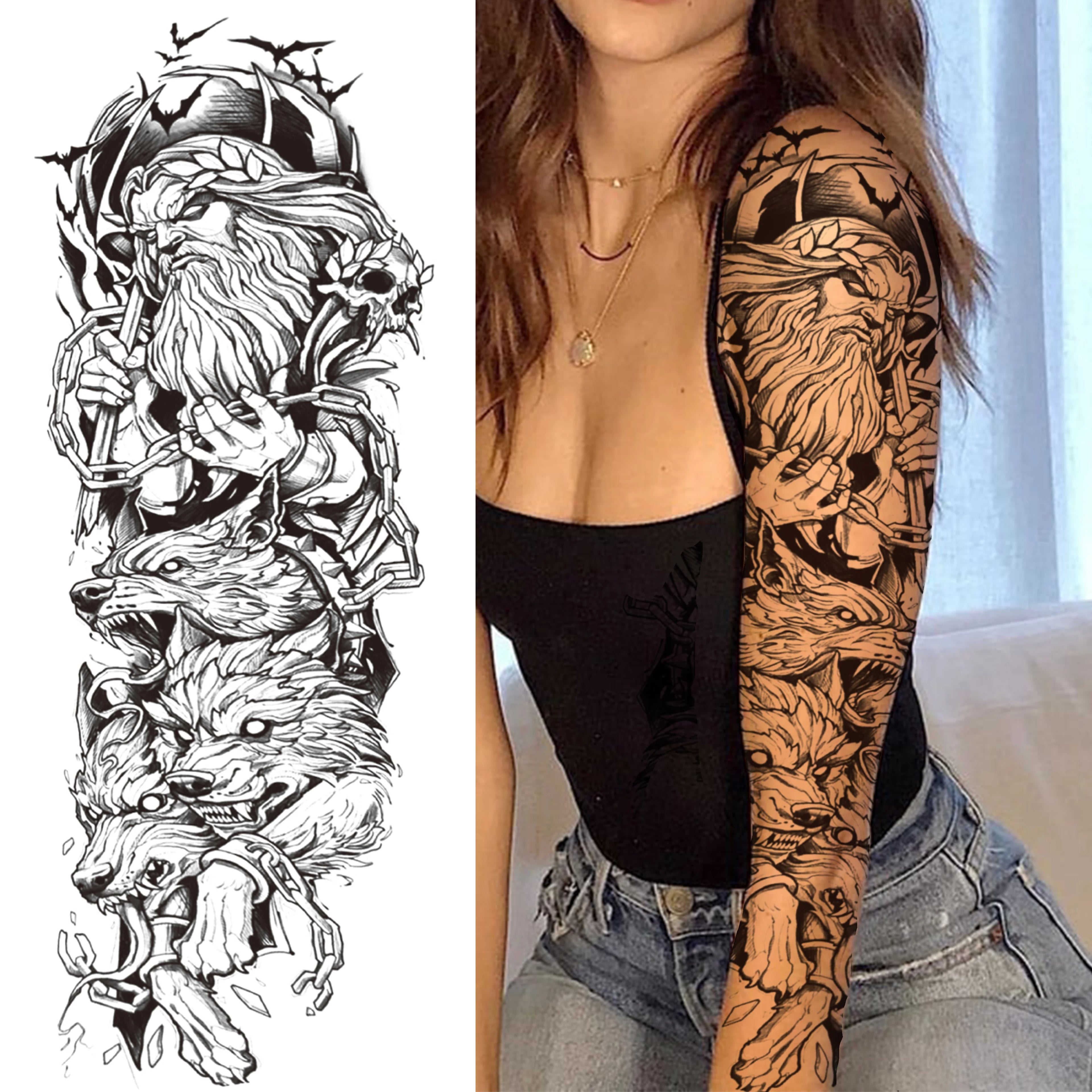 1 Sheet Full Arm Compass Zeus Skull Tiger Lion Flower Temporary Tattoos Sleeve For Men Women Adults Fake Temp Sticker Tattoo