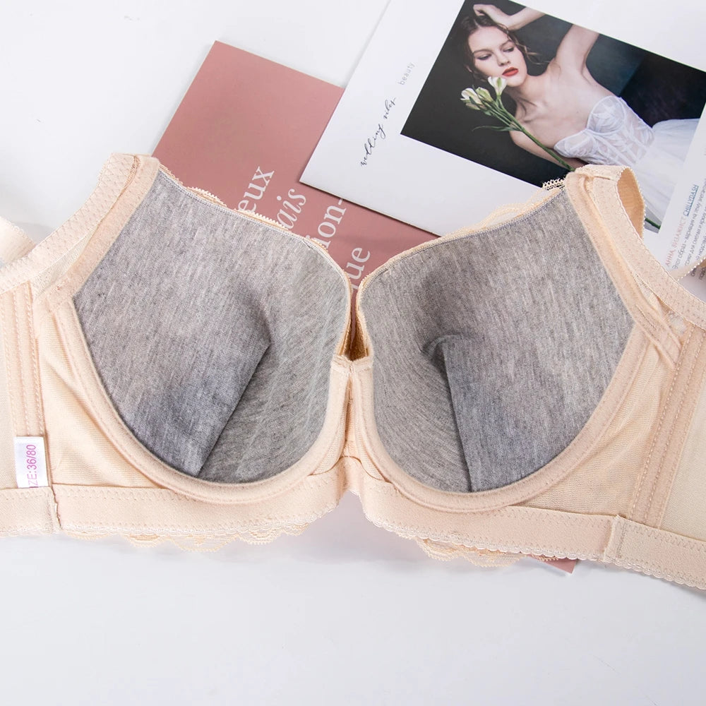 Plus Size Female Lace Bra Thin Bralette 80-105 C/D Cup Push Up Brassiere Widening Side 4-Row Button Bras Absorbs Sweat Underwear