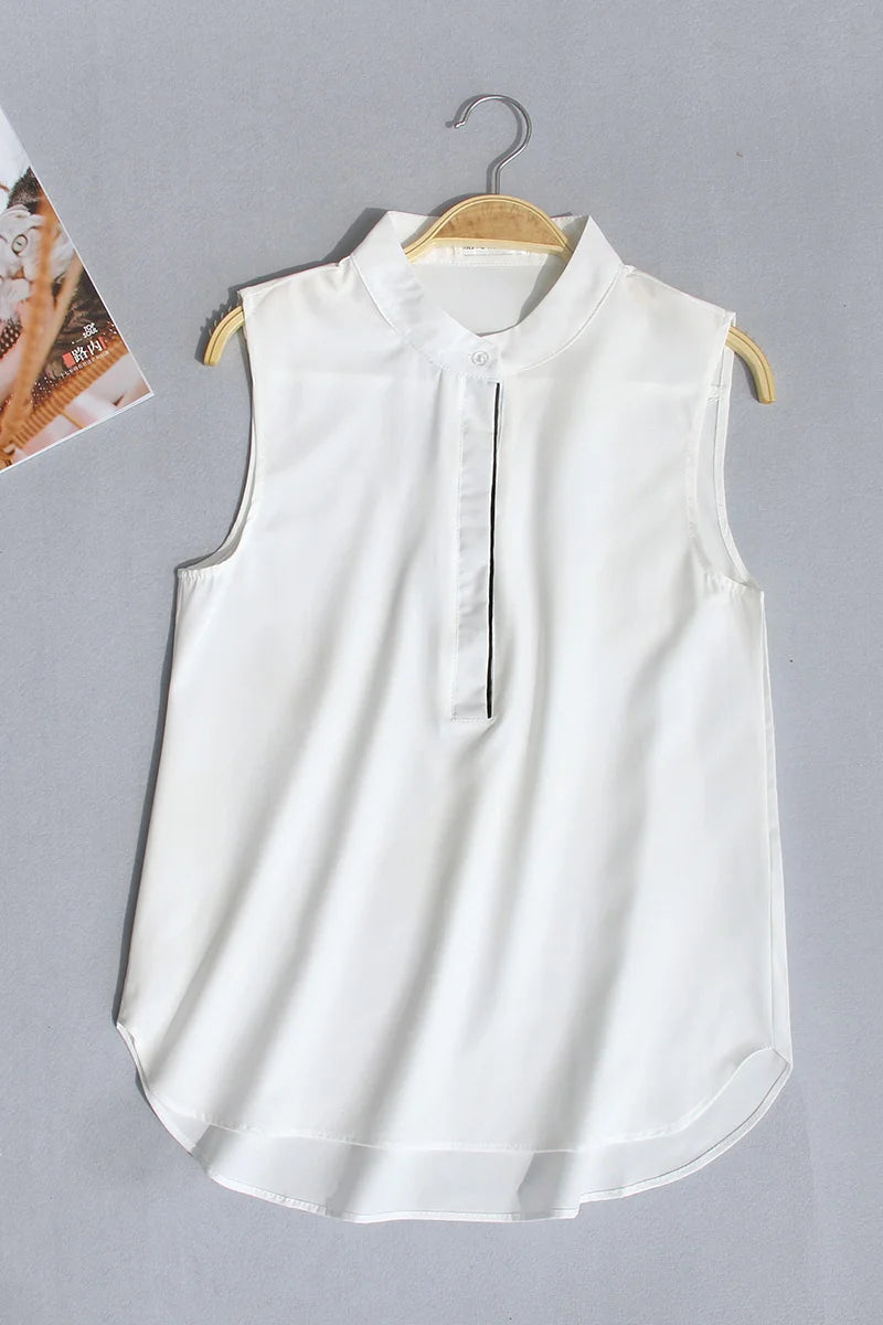 #2503 Woman Tops And Blouses Sleeveless Shirt Women Summer Thin Vest Pullover Button Basic Top Chiffon Red White Black Polo Neck