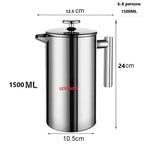 1.5L Coffee Maker French Press Stainless Steel Espresso Coffee Machine French Press Double-Wall Insulated Coffee Tea Maker Pot