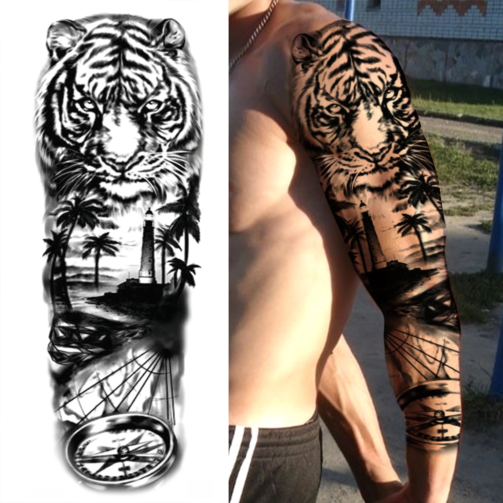1 Sheet Full Arm Compass Zeus Skull Tiger Lion Flower Temporary Tattoos Sleeve For Men Women Adults Fake Temp Sticker Tattoo
