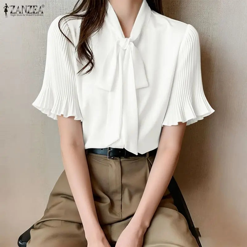2026 ZANZEA Elegant Summer Blouse Women Stand Neck Short Sleeve Tops Stylish Solid OL Work Shirt Casual Lace-Up Holiday Tunic