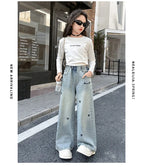 New 4-14 Years Spring Autumn Teenage Girls Jeans Full Print Bow Embroidery Fashion Wide-leg Denim Pants For Kids