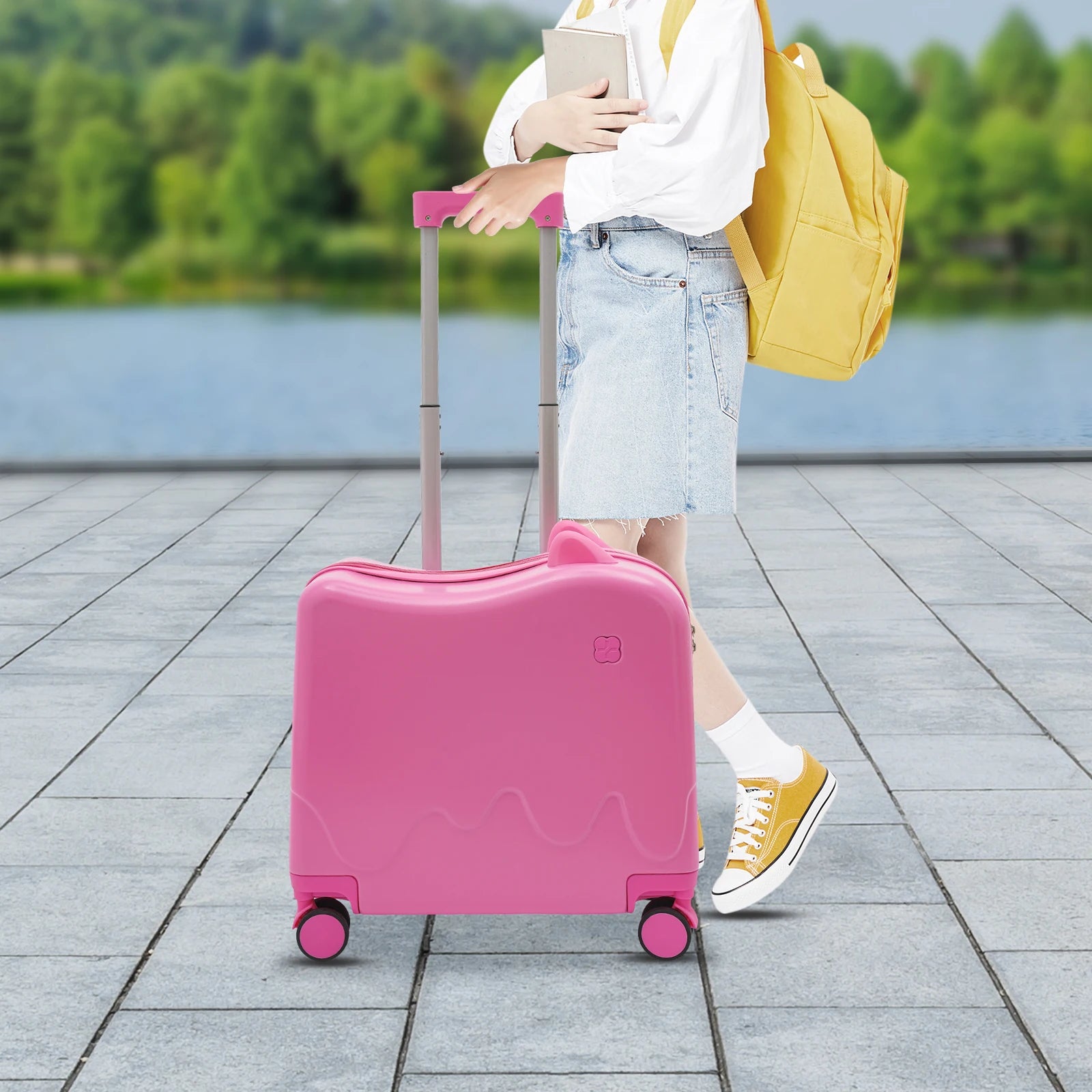 18 Inch Ride-On Suitcase, Cute Luggage with Internal Mesh Pocket, Storage Box with Swivel Casters for Short Trips, Pink