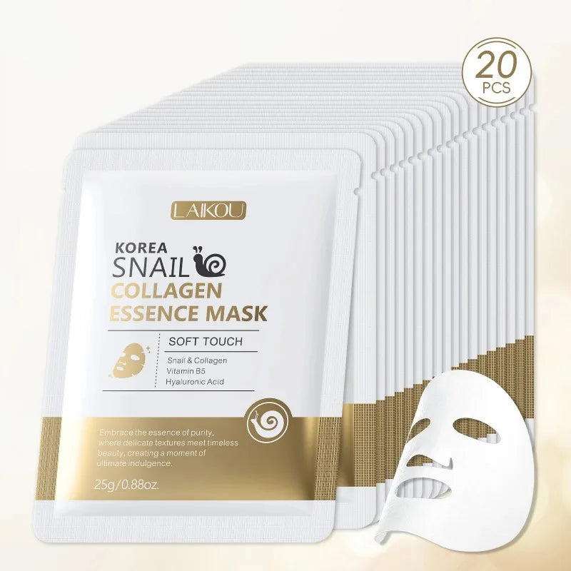 LAIKOU Korea Snail Collagen Essence Mask Hydrating Sheet Mask Anti-Wrinkle Face Mask Firming Skin Care 25g*20pcs Main image