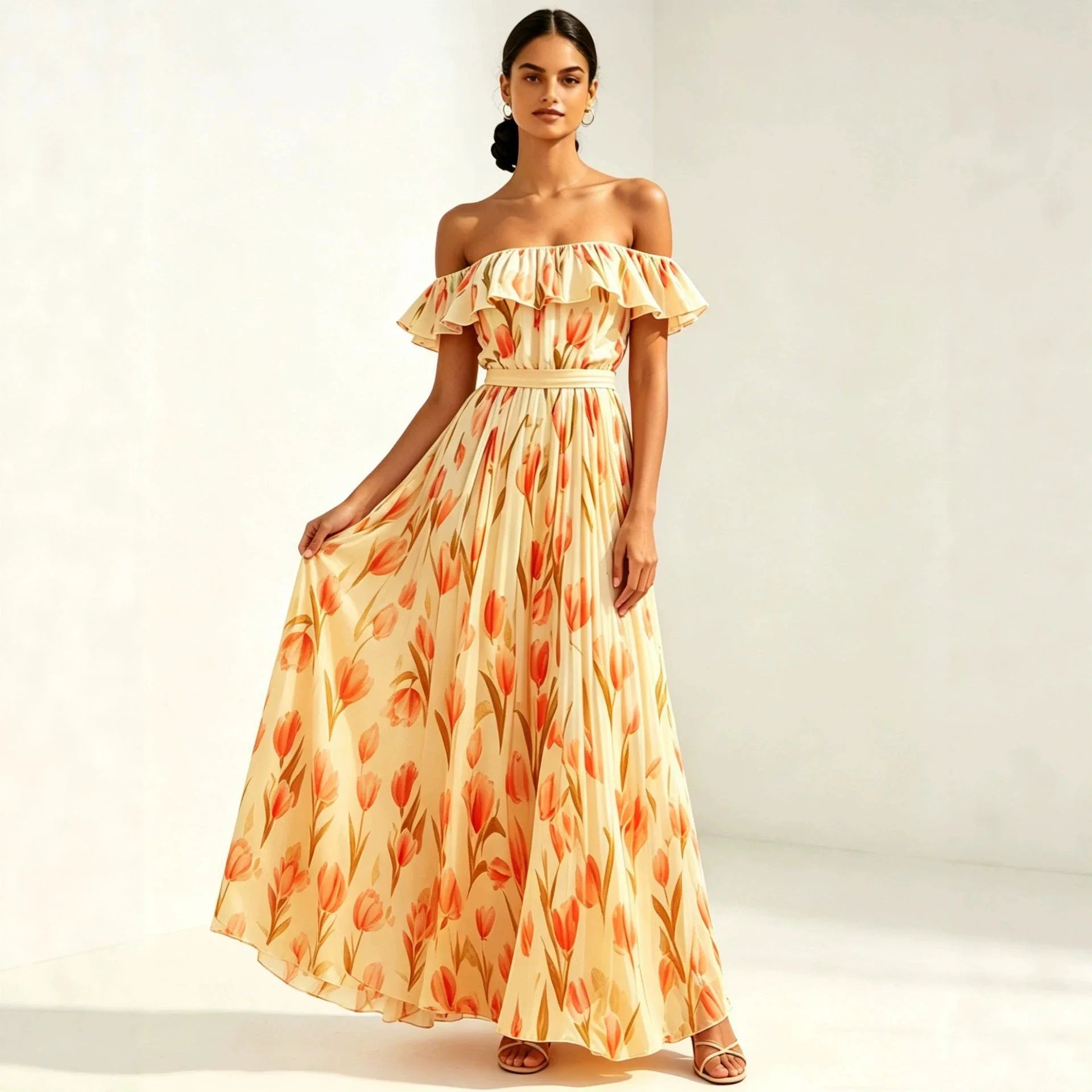 2026 summer off-the-shoulder tulip print plus size slimming square neck maxi dress Main image
