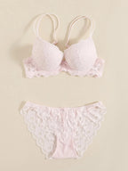 1 Set Elegant Lace Embroidery & Breathable Fabric Lingerie Set: Push-Up Bra, Drop Waist Sheer Panty - Ultimate Valentine's Day