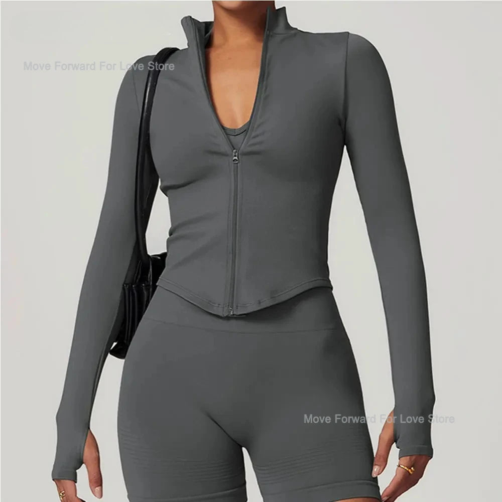 Women's Zipper Crop Sports Jacket Long Sleeve Yoga T-Shirt Solid Quick Dry Fitness Top Gym Running Workout Sportswear Secondary image