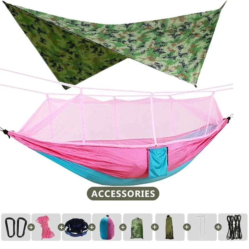 260x140cm Camping Hammock Double Size Parachute with Mosquito Net Rain Fly Tarp Lightweight for Hiking Travel