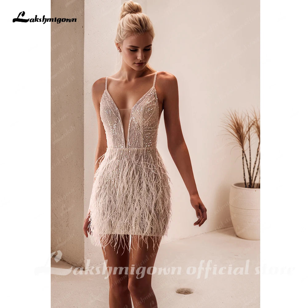 Lakshmigown Sexy Deep V-neck Wedding Dress For Bride Backless Feathers Bridal Gown Vestido De Novia Shiny Customized Main image