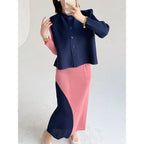 Khaki Beige Pleated Crew Neck Button Vest & Pleated Color Block Skirt Set Drapey Co-ord Set Minimalist Chic Trendy Daily 2026