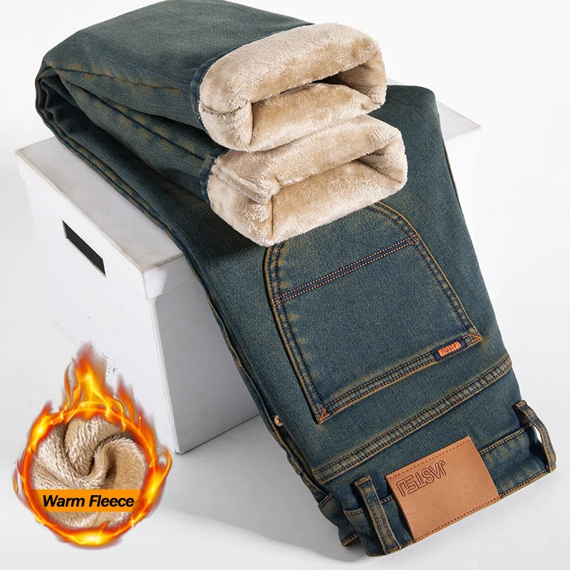 High Quality Winter Jeans Men's Warm Fleece Thickened Elastic Denim Pants Fashion Straight Elastic Retro Plush Velvet Pants Main image