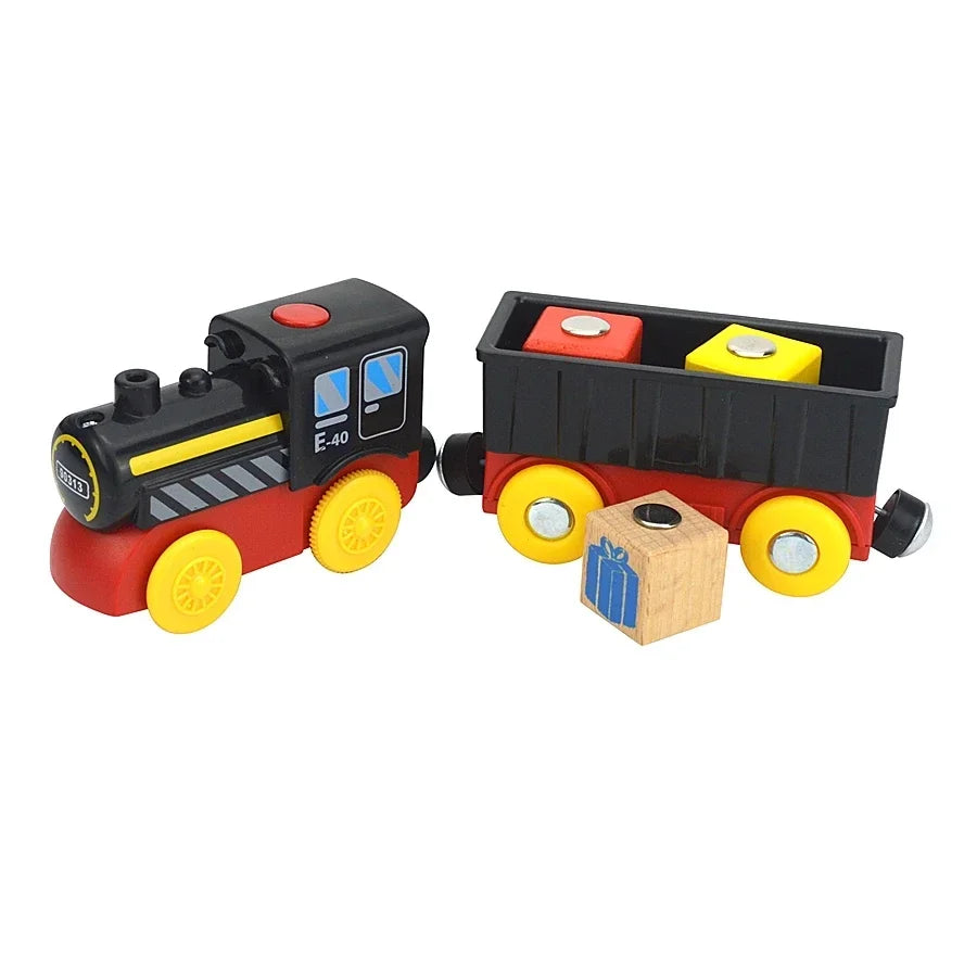 Magnetic Electric Train Car Locomotive Wooden Track Slot Diecast Railway With Two Carriages Train Wood Kid Toy Biro Leduo Track