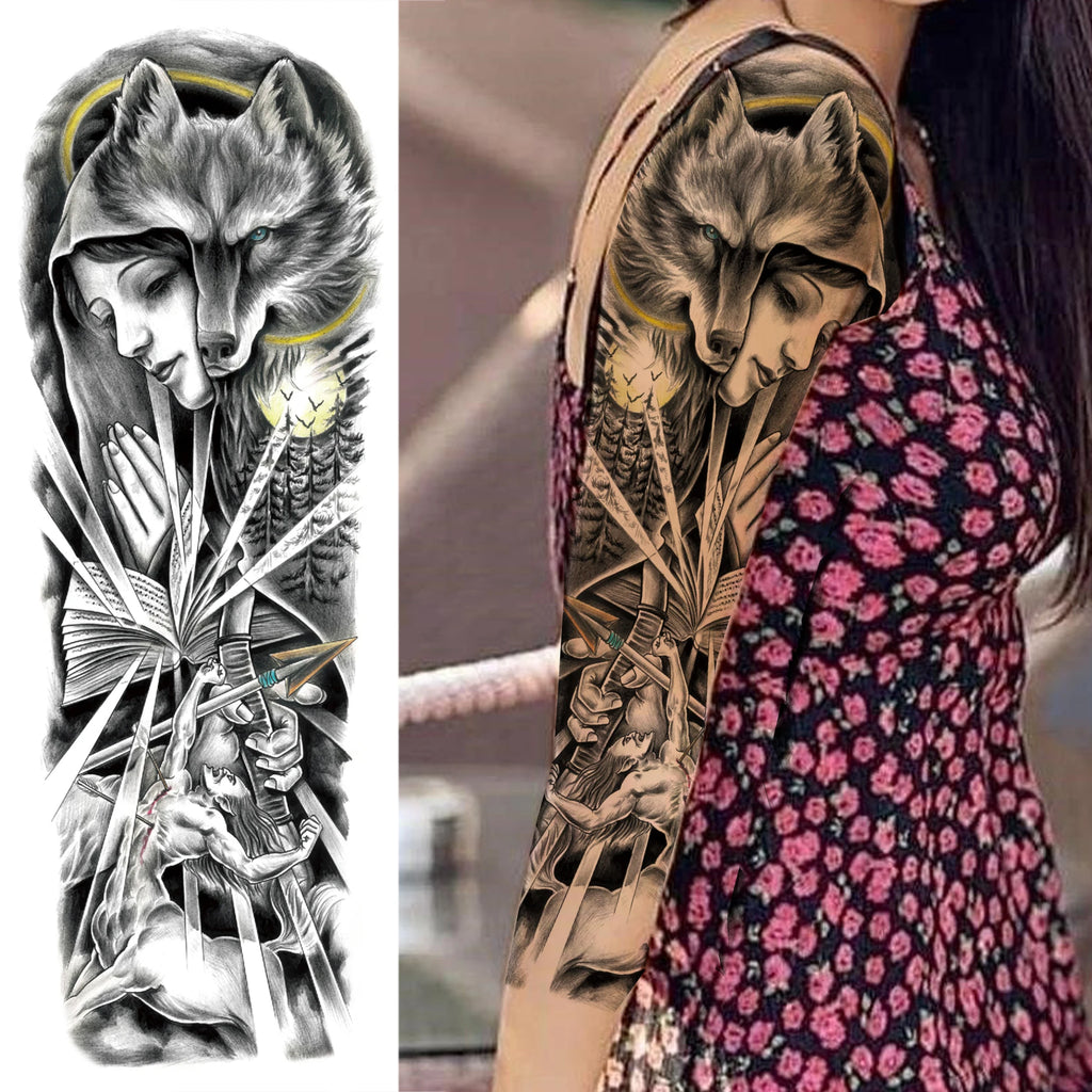 1 Sheet Full Arm Compass Zeus Skull Tiger Lion Flower Temporary Tattoos Sleeve For Men Women Adults Fake Temp Sticker Tattoo