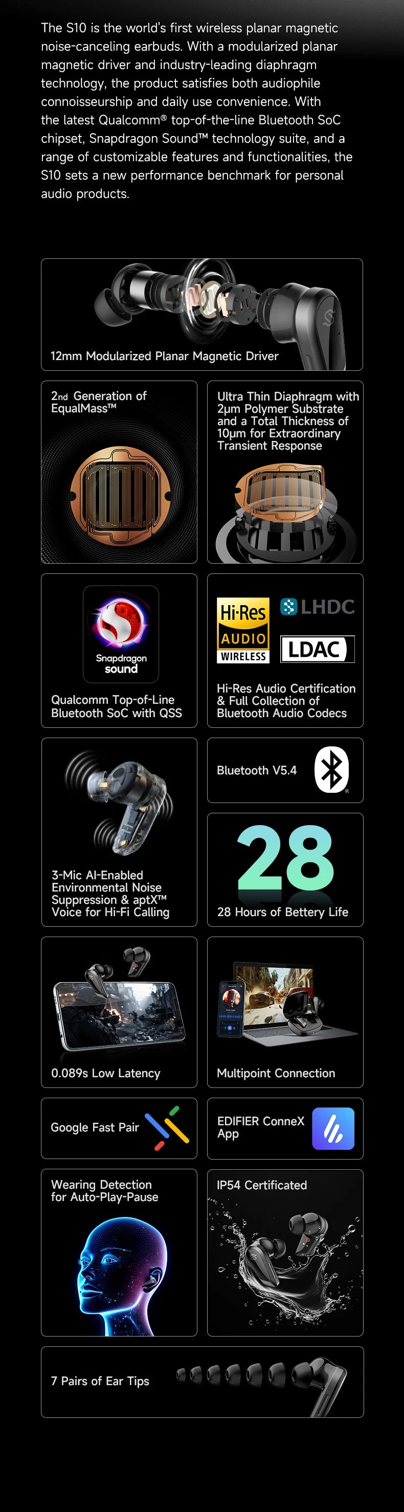 EDIFIER S10 Planar Magnetic ANC True Wireless Earbuds Hi-Res LDAC Bluetooth 5.4 Earphones 6 Mics 28H Battery