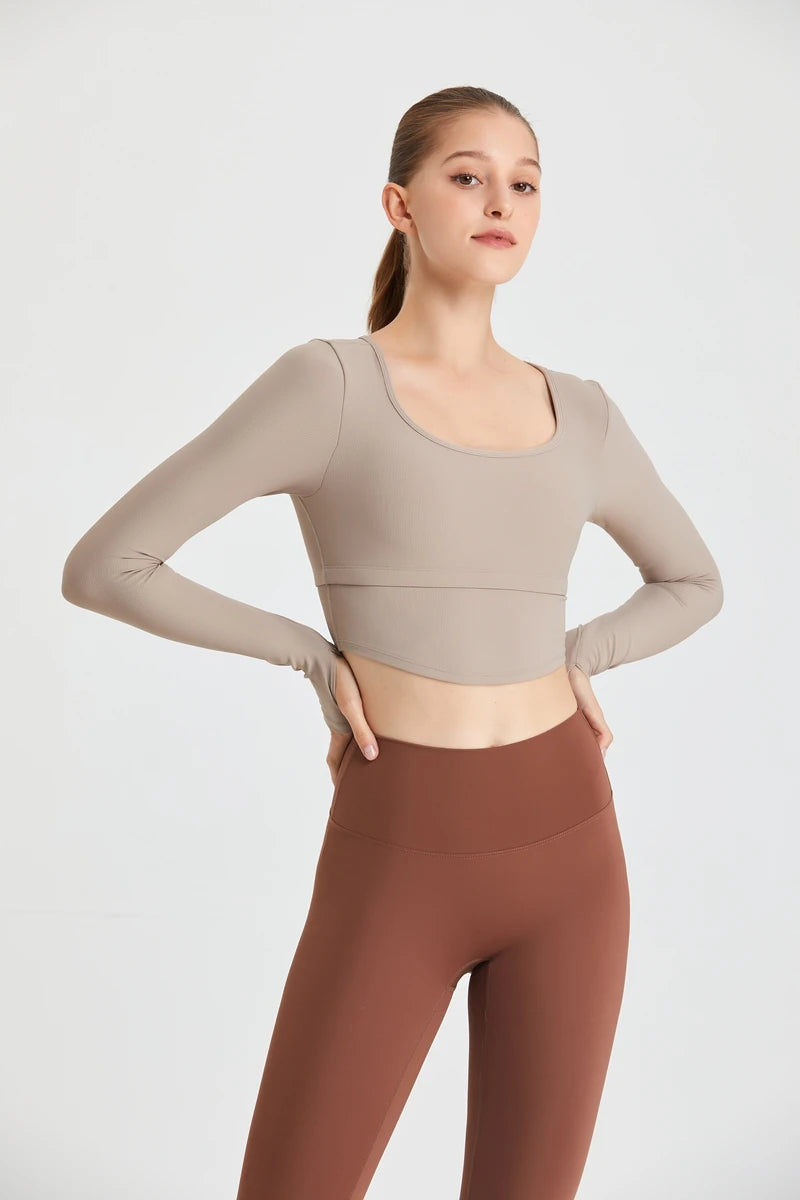 QINACTIVE Yoga suit with long sleeves chest pads new autumn winter tight fitting top T-shirt sport running training fitness suit
