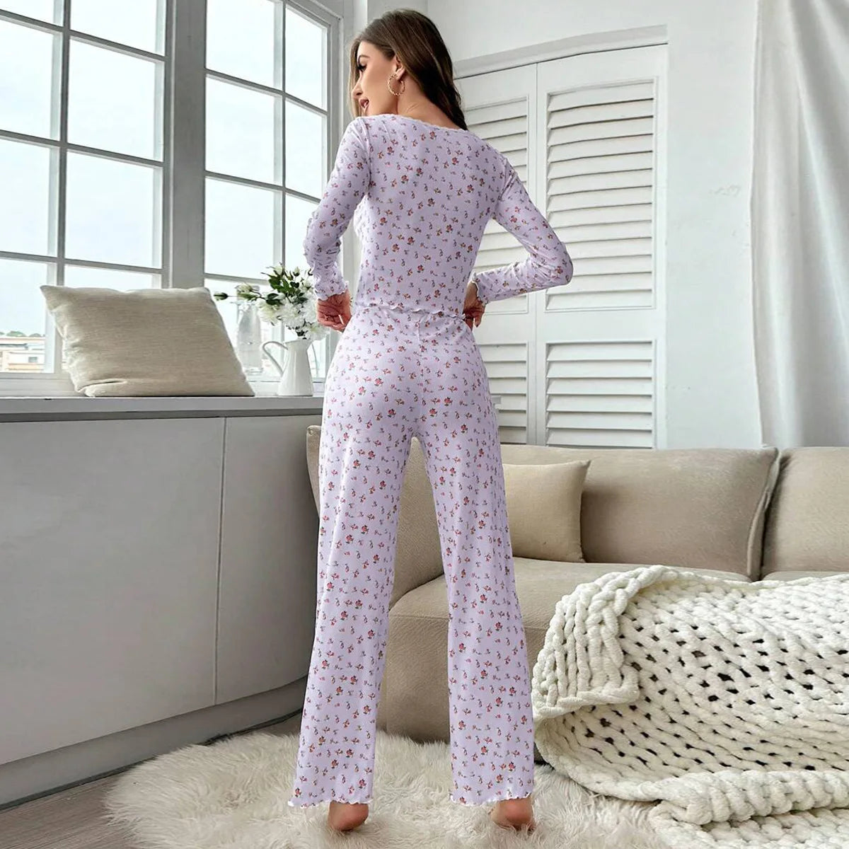 Women's Pajama Set Lace Buttons Trims Sleepwear Slim Long-sleeved Trousers Floral Print Stylish sexy Loungewear Nightwear Pyjama Secondary image