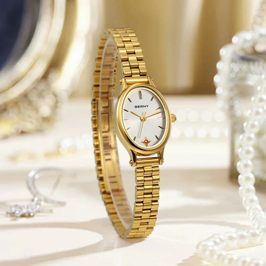BERNY Gold Watch for Women Olive Green Quartz Jewelry Bracelet Casual Jewelry Women's Wristwatch Small Fashion Ladies Watches