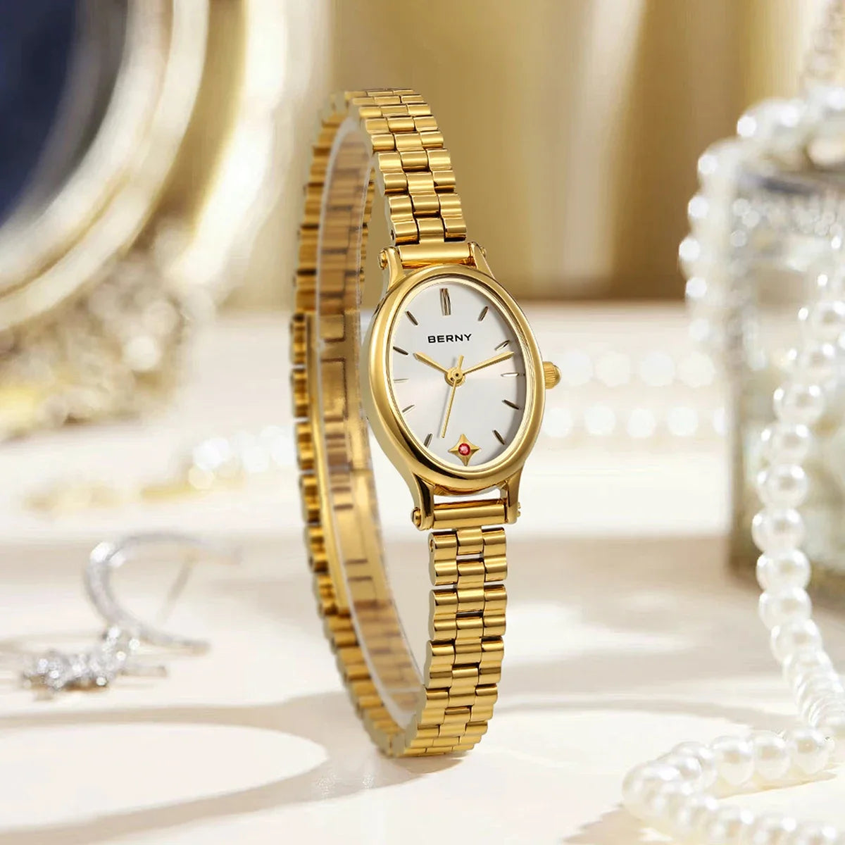 BERNY Gold Watch for Women Olive Green Quartz Jewelry Bracelet Casual Jewelry Women's Wristwatch Small Fashion Ladies Watches