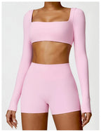 Hearuisavy Summer Casual Quick Dry Sportswear Women Square Neck Gym Top Women Fitness Sports Crop Top Long Sleeve Yoga Clothing