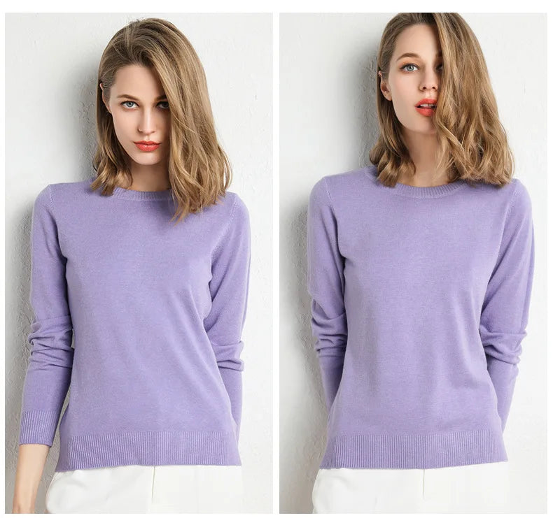 Women Slim O-Neck Pullover Cashmere Wool Blending Sweater Autumn And Winter Long-Sleeved Knit Bottoming Shirt Large Size 2024