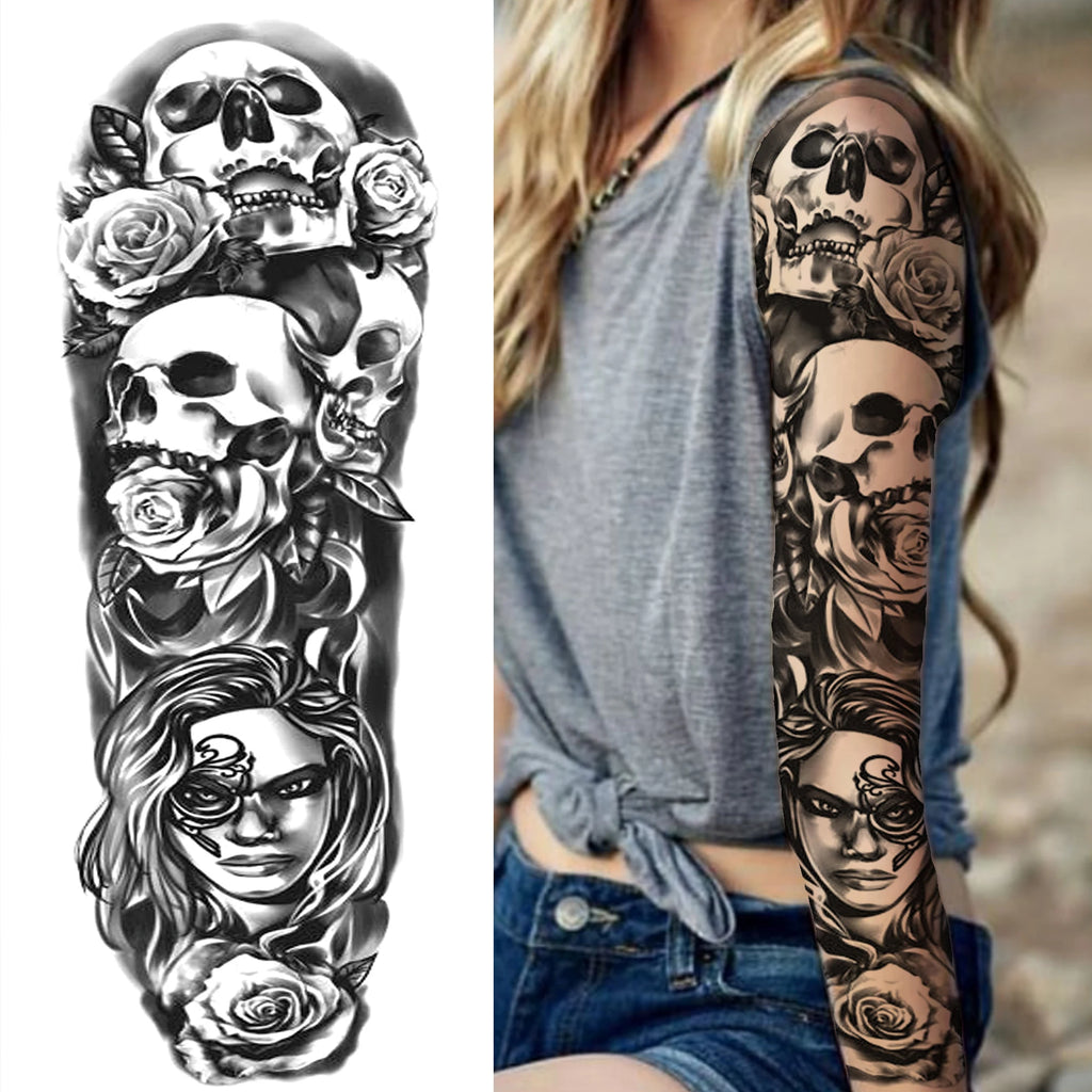 1 Sheet Full Arm Compass Zeus Skull Tiger Lion Flower Temporary Tattoos Sleeve For Men Women Adults Fake Temp Sticker Tattoo